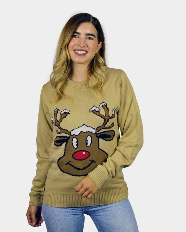 Pull de Noël beige avec renne souriant | Soldes