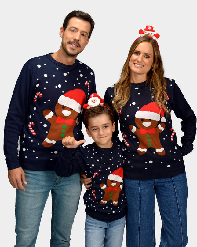 Pull de Noël bleu en pain d'épice pour la famille