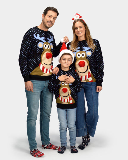 Pull de Noël familial bleu avec renne au nez rouge en 3D