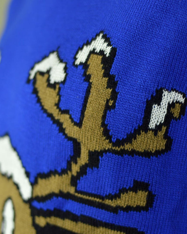 Pull de Noël bleu avec renne souriant | Soldes