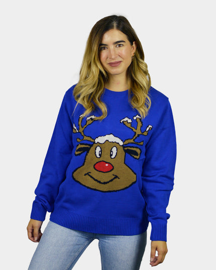 Pull de Noël bleu avec renne souriant | Soldes