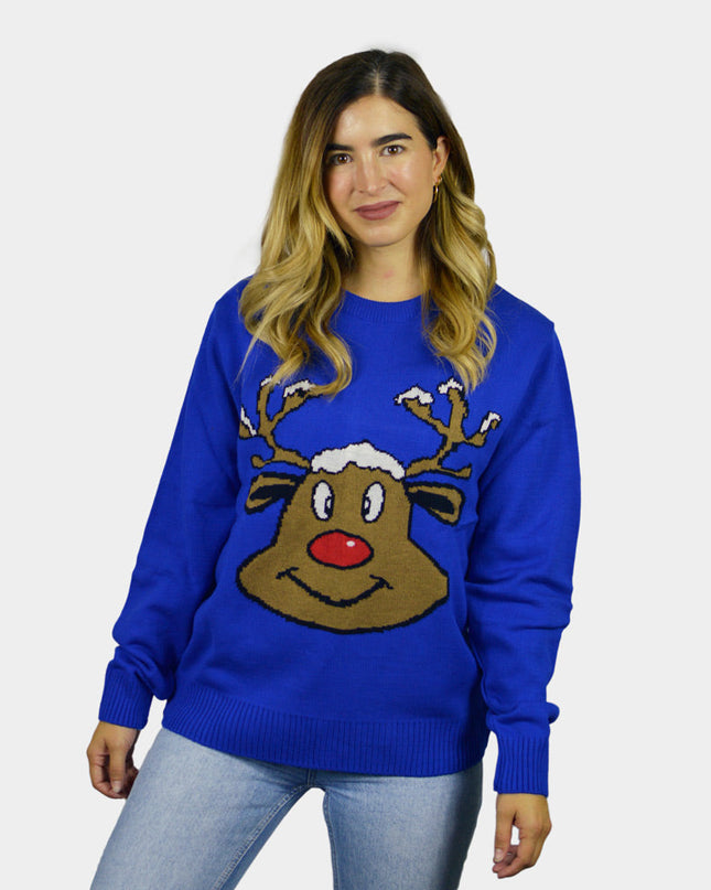 Pull de Noël bleu avec renne souriant | Soldes