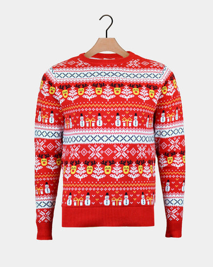 Pull de Noël familial rouge en coton biologique avec des bonshommes de neige et des sapins