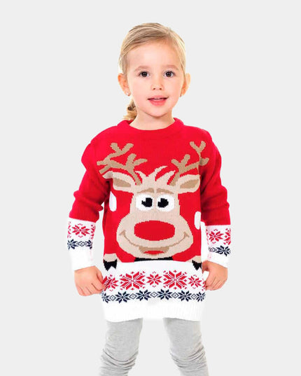 Pull de Noël rouge pour toute la famille, avec motif de rennes et de neige
