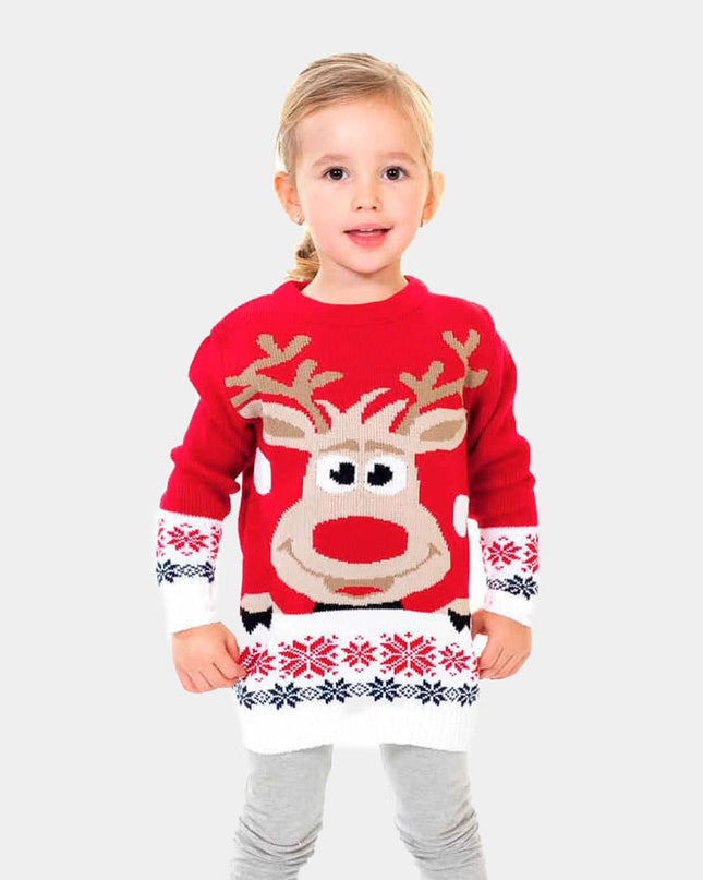 Christmas Sweater for Family with Red Reindeer and Snow