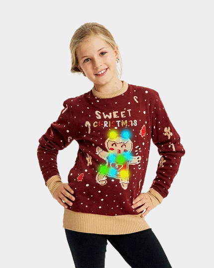 Pull de Noël LED pour toute la famille avec motif de biscuit au gingembre rouge