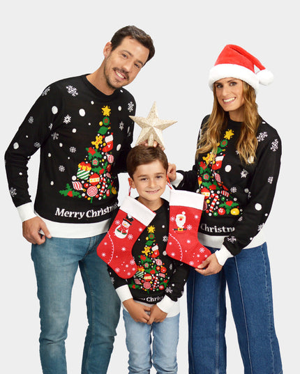 Pull de Noël noir pour toute la famille avec motif sapin de Noël