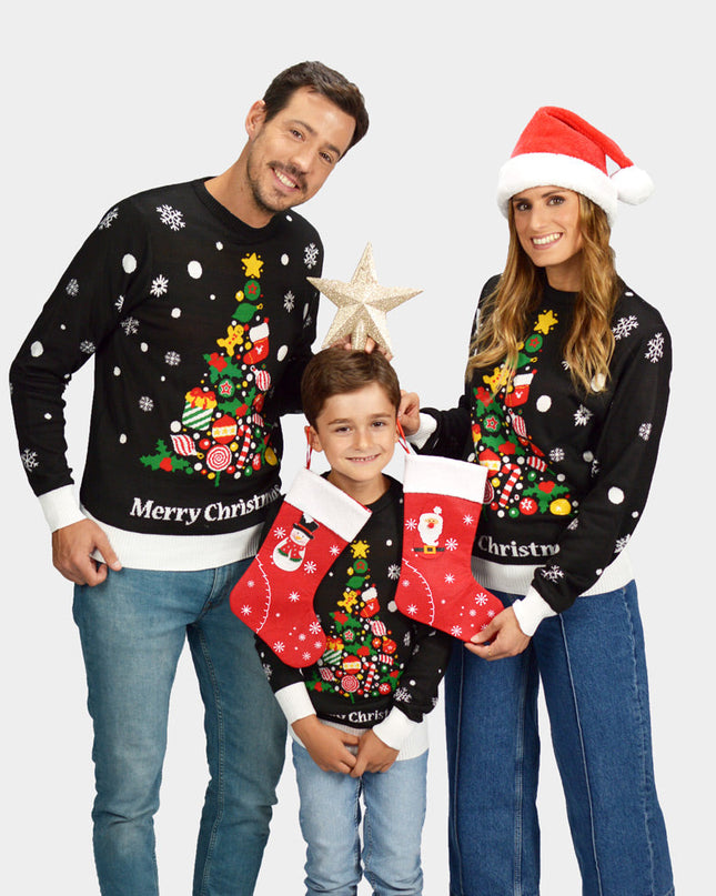 Pull de Noël noir pour toute la famille avec motif sapin de Noël