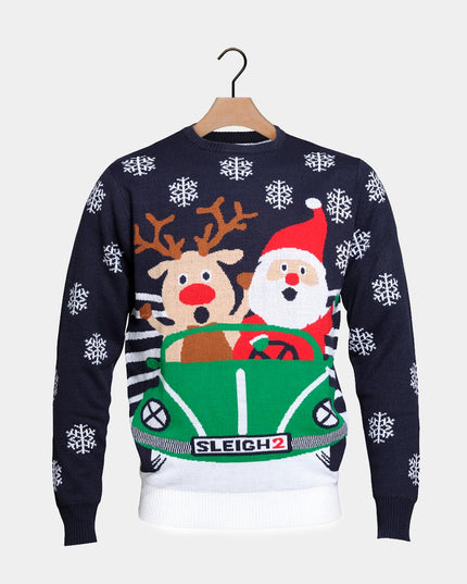 Family Christmas Sweater with Reindeer and Santa Driving