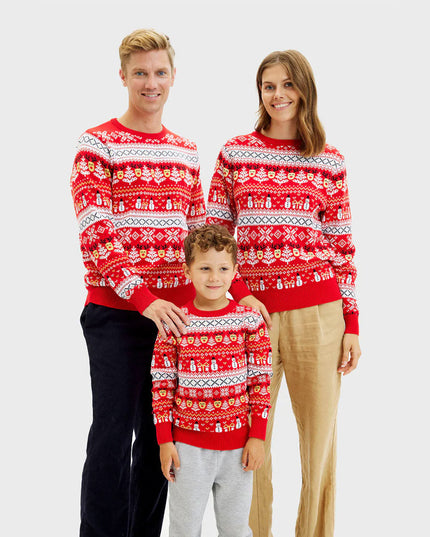 Pull de Noël familial rouge en coton biologique avec des bonshommes de neige et des sapins
