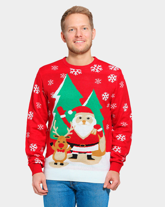 Christmas Sweater for Family with Red Santa and Greeting Reindeer