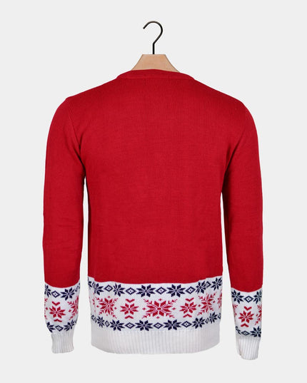Pull de Noël rouge pour toute la famille, avec motif de rennes et de neige