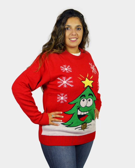 Christmas Sweater for Family Red with Smiling Christmas Tree