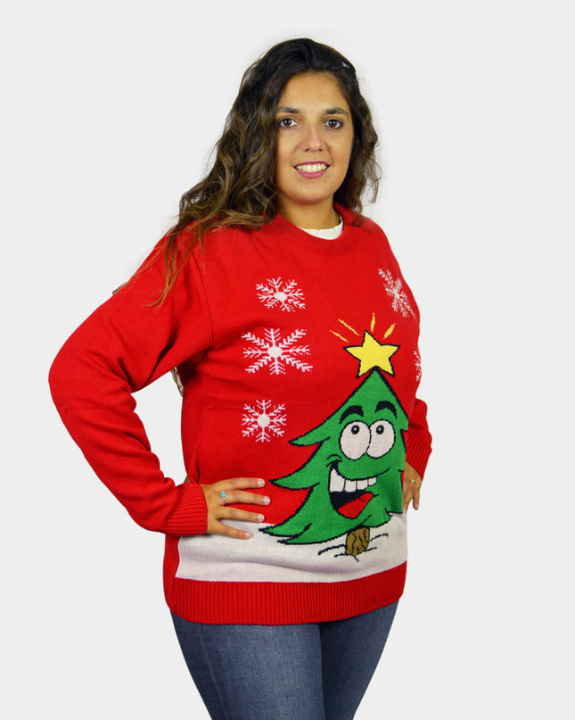Christmas Sweater for Family Red with Smiling Christmas Tree