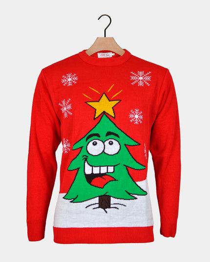 Christmas Sweater for Family Red with Smiling Christmas Tree