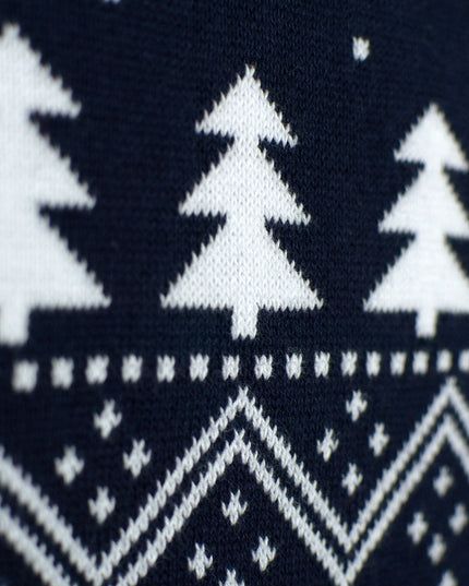 Pull de Noël familial bleu avec sapins, bonshommes de neige et Père Noël