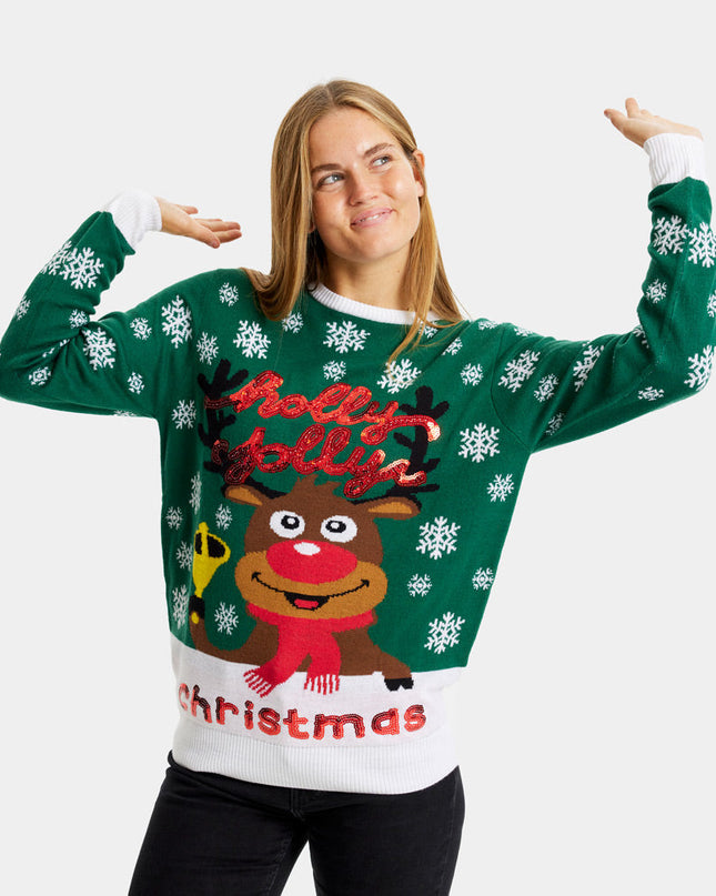 Pull de Noël familial vert « Holly Jolly » à paillettes