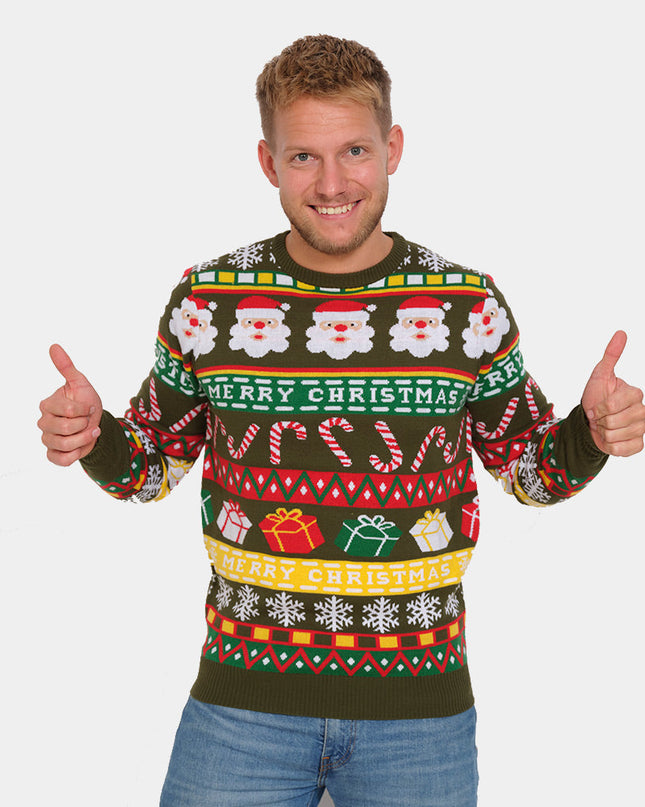 Pull de Noël vert avec le Père Noël et des cadeaux