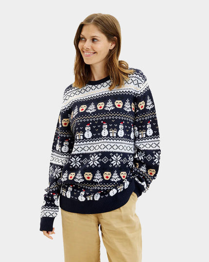 Pull de Noël bleu pour couple avec bonhommes de neige et sapins