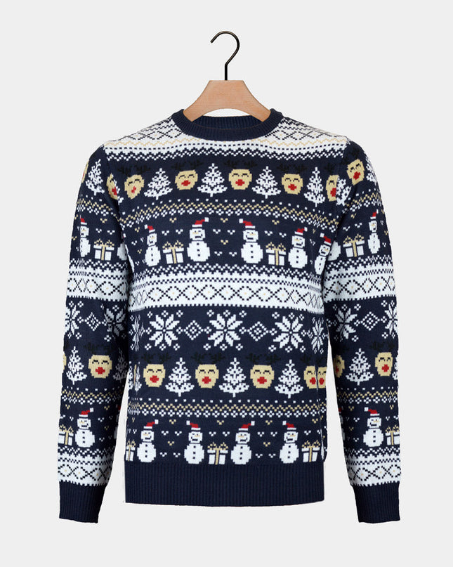 Pull de Noël bleu pour femme avec bonhommes de neige et sapins