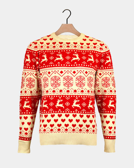 Pull de Noël pour femme en coton beige à cœurs rouges
