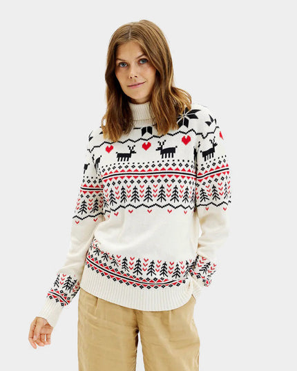 Pull de Noël chic beige à col roulé pour femme en coton biologique