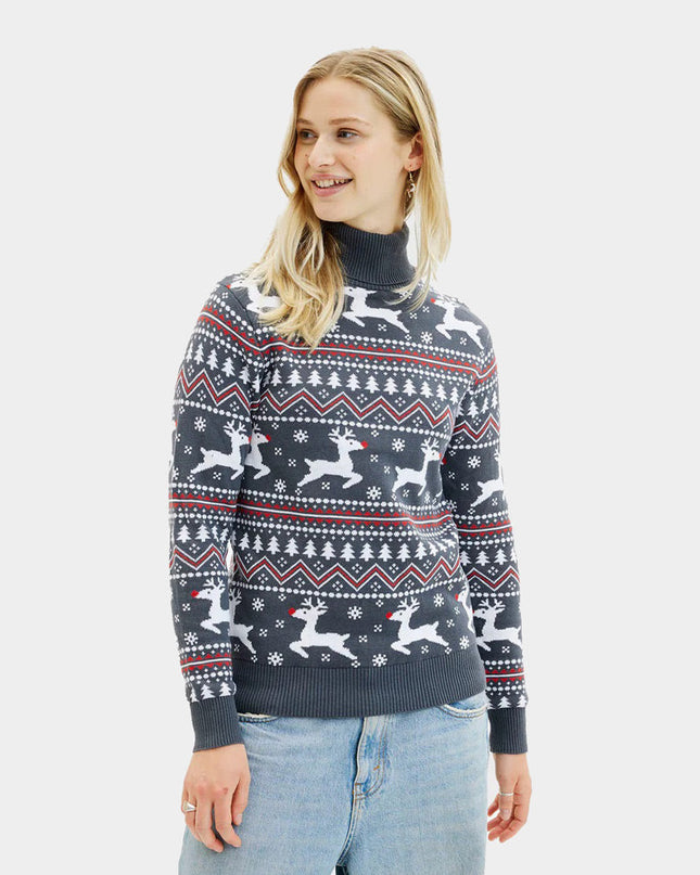 Pull de Noël gris à col roulé pour femme avec motif de rennes