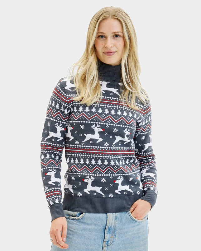 Pull de Noël gris à col roulé pour femme avec motif de rennes