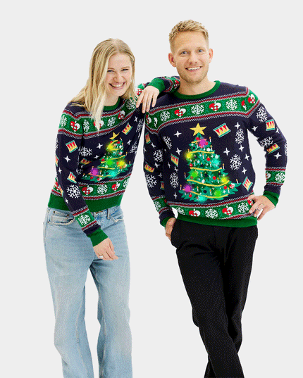 Pull de Noël bleu à LED pour femme avec sapin de Noël