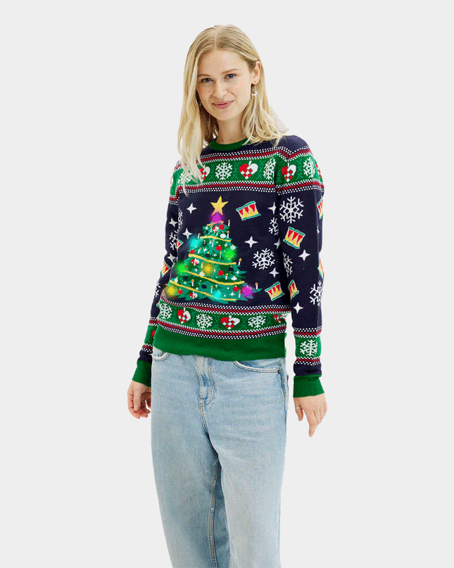 Pull de Noël bleu à LED pour femme avec sapin de Noël