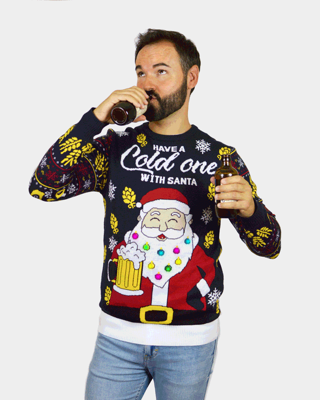 Pull de Noël LED pour femme avec Père Noël et bière