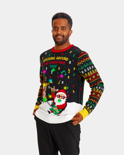 Pull de Noël LED pour femme avec Père Noël rockeur