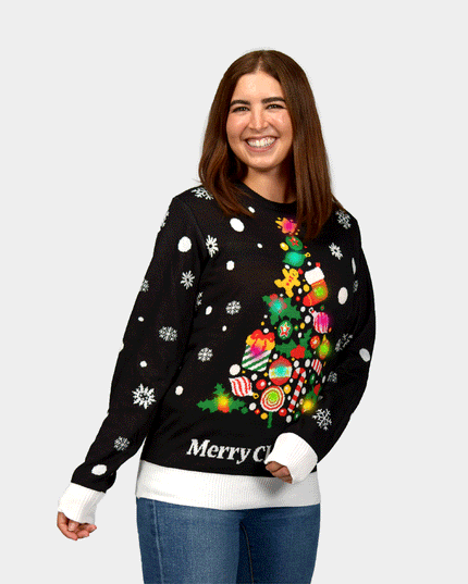 Pull de Noël noir à LED pour femme avec sapin de Noël