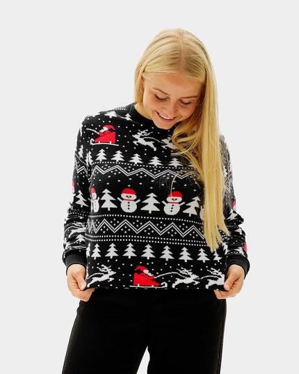 Black Christmas Sweater for Women with Trees and Snowmen