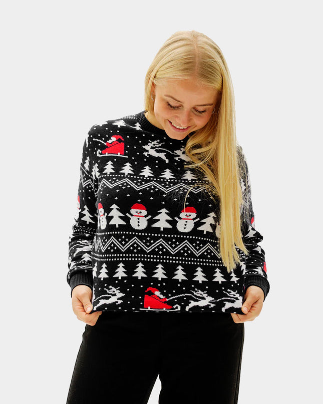 Black Christmas Sweater for Couples with Trees and Snowmen