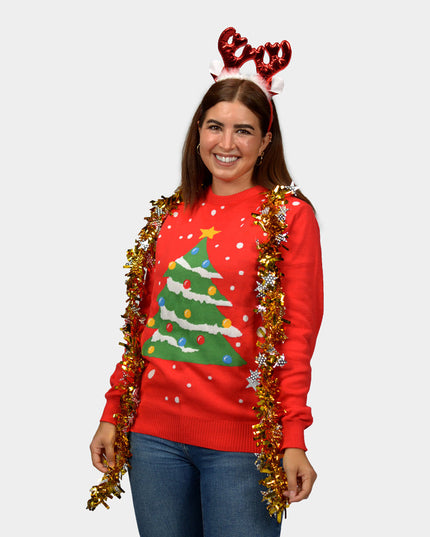 Pull de Noël rouge pour femme avec un sapin de Noël