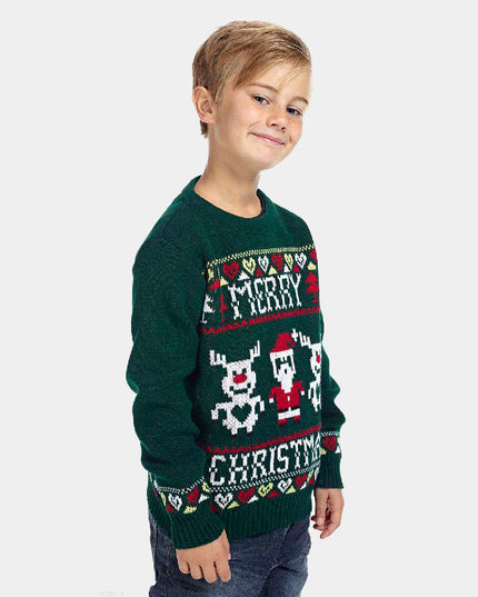 Pull de Noël vert pour enfant avec des rennes et le Père Noël