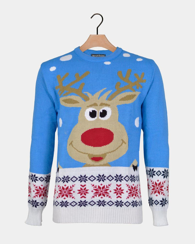 Christmas Sweater for Men Sky Blue with Reindeer and Snow