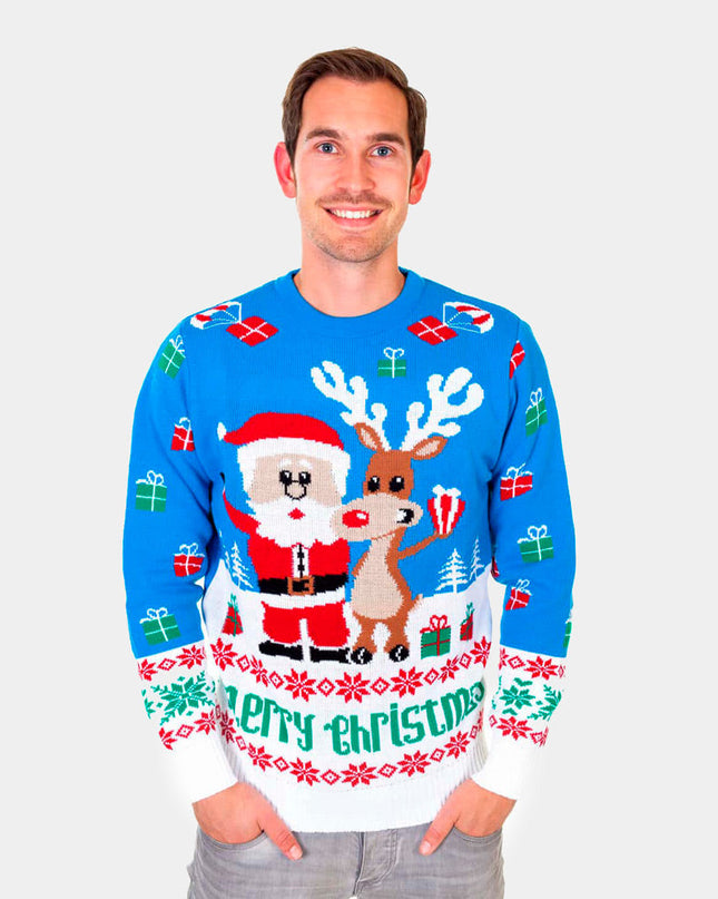 Pull de Noël bleu ciel pour homme avec Rudolph et le Père Noël