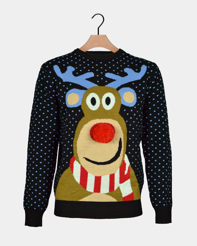 3D Blue Christmas Sweater for Men with Reindeer