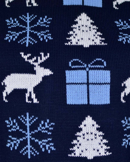 Pull de Noël bleu pour homme avec rennes, cadeaux et sapins