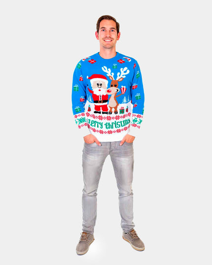 Christmas Sweater for Men Sky Blue with Rudolph and Santa Claus