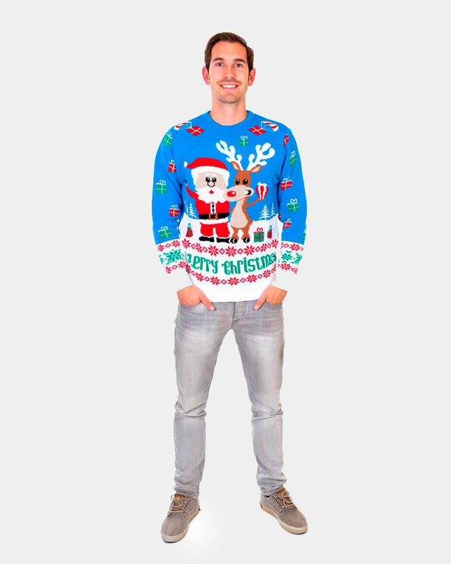 Christmas Sweater for Men Sky Blue with Rudolph and Santa Claus