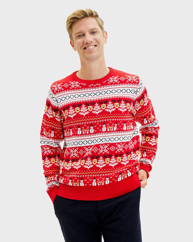 Organic Cotton Red Christmas Sweater with Snowmen and Trees