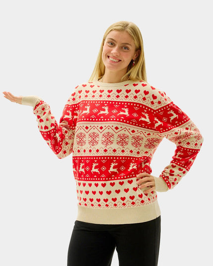 Men's Organic Cotton Christmas Sweater with Red Hearts on Beige