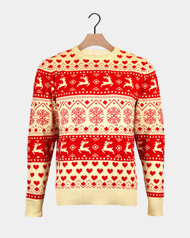 Pull de Noël en coton bio pour homme avec cœurs rouges et beiges
