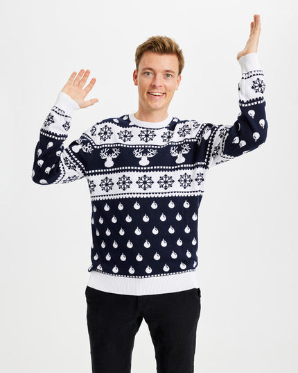 Pull de Noël bleu pour couples avec rennes et neige