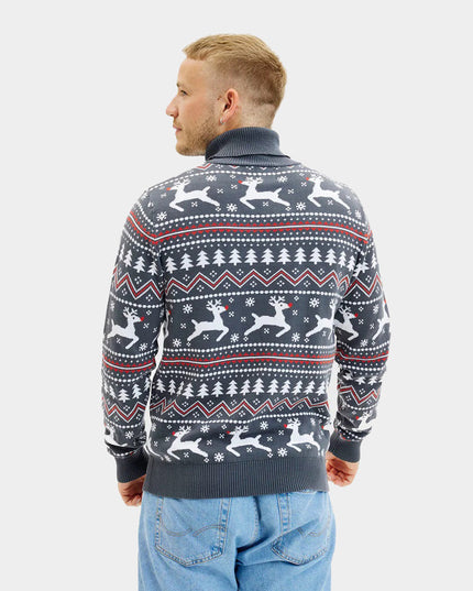 Pull de Noël gris à col roulé pour couples avec motif de rennes