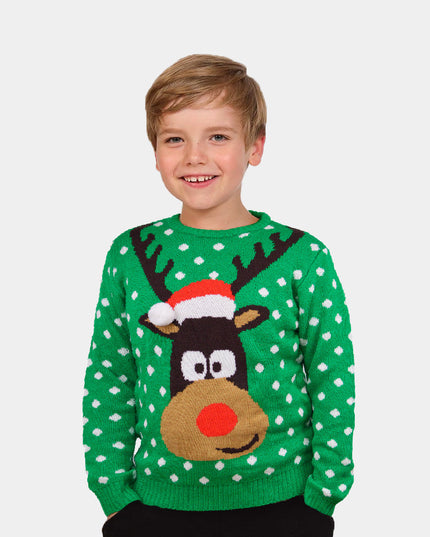 Pull de Noël vert 3D pour homme avec renne et bonnet de Père Noël