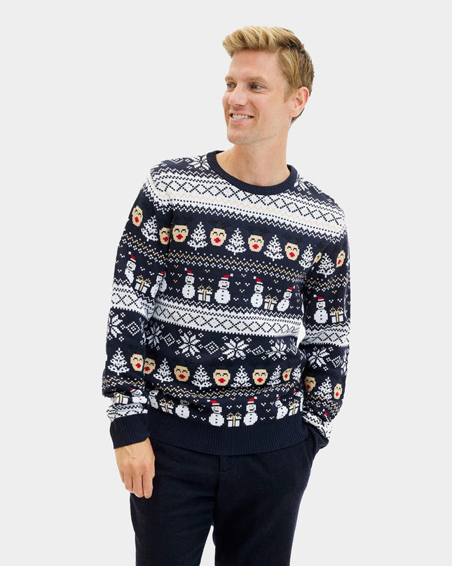 Pull de Noël bleu pour femme avec bonhommes de neige et sapins